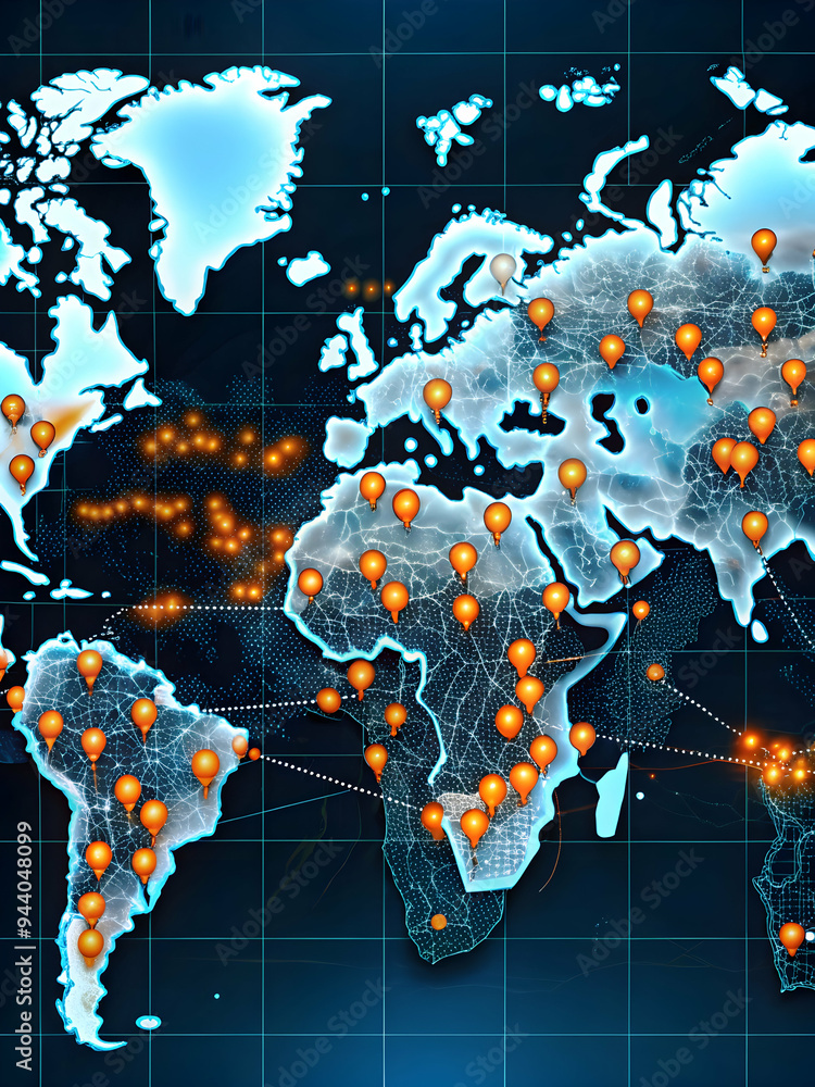 Poster global network: a futuristic map of the world with glowing orange pins marking locations across cont