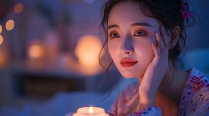 Japanese skincare model’s nighttime routine, applying night cream, soft warm light, serene and peaceful expression, elegant silk pajamas, hd quality, natural look, calm and tranquil atmosphere,
