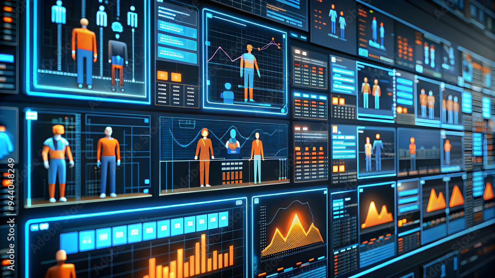Poster digital workforce insights: a futuristic command center visualizes workforce data, with glowing scre