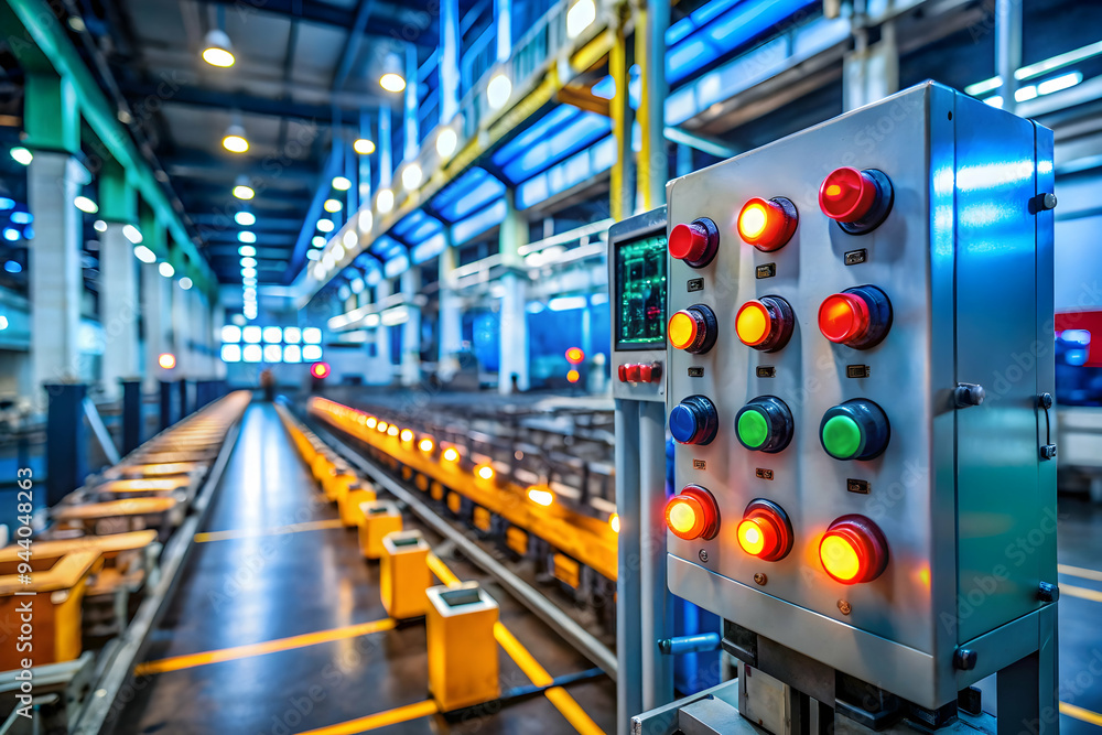 Poster industrial control panel: a row of control panels in a modern factory setting, featuring a close-up 