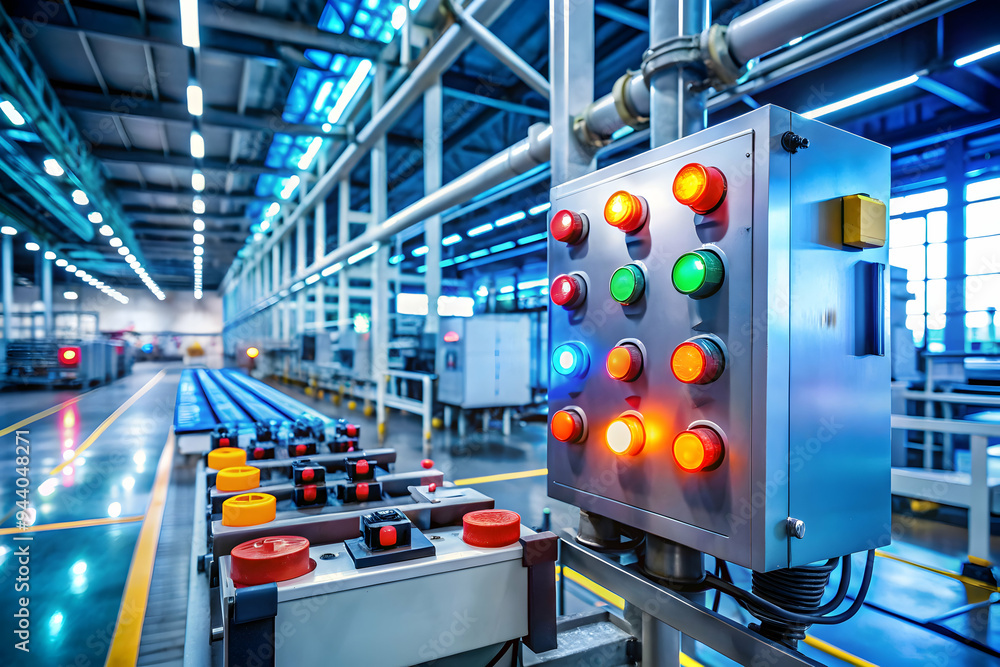Poster industrial control panel: a row of control panels in a modern factory setting, featuring a close-up 