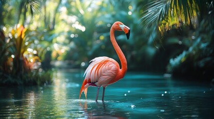 Fototapeta premium Graceful flamingo wading through shallow water ideal for showcasing the vibrant and exotic beauty of birds