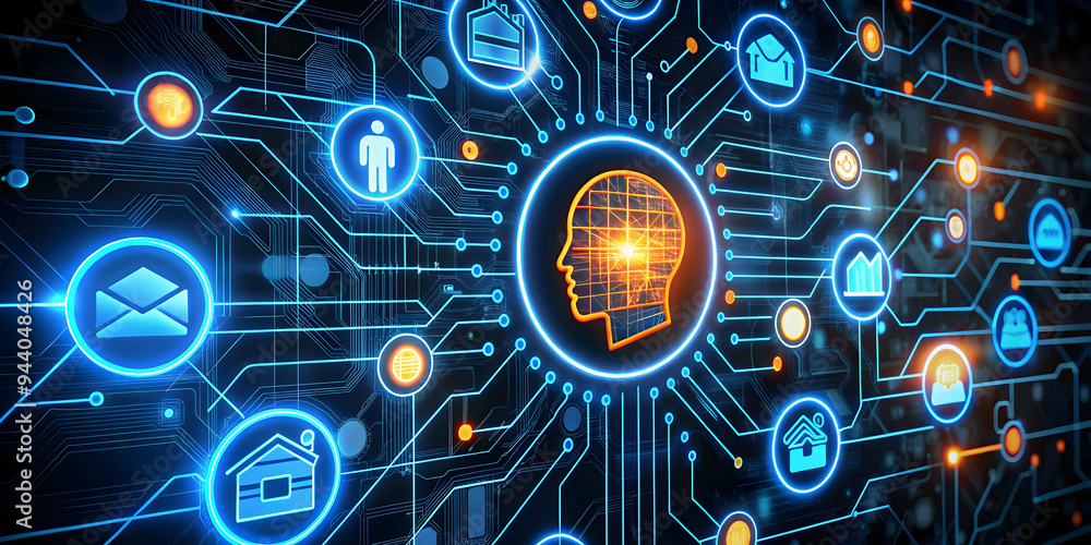 Poster the neural network of modern life: a human head rendered in glowing lines, nestled within a complex 