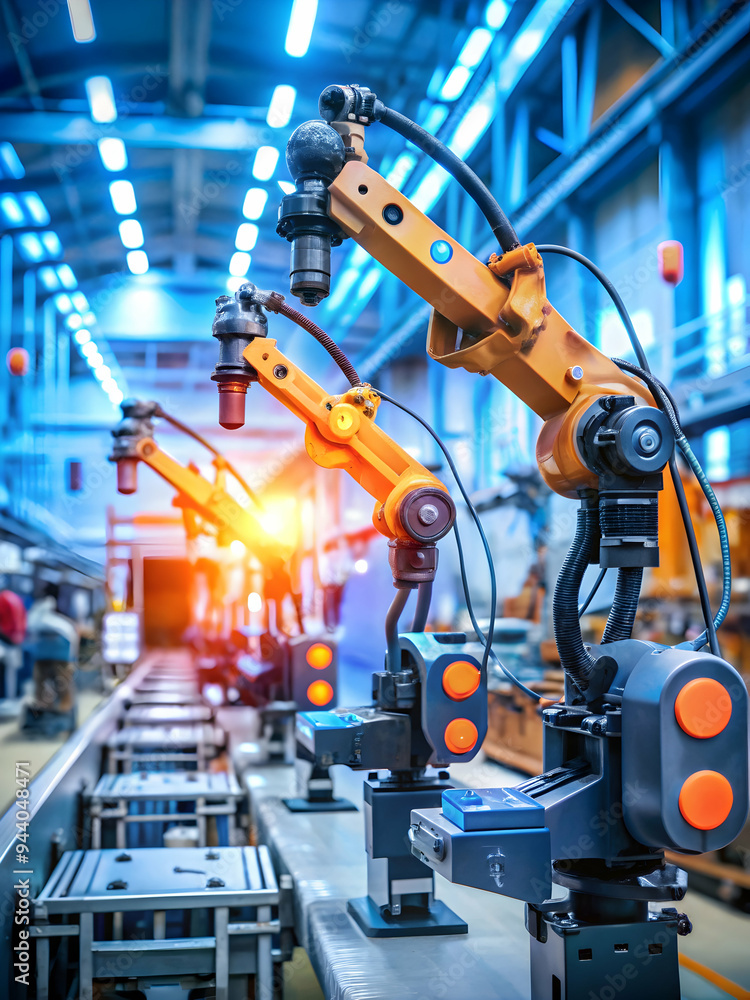 Poster automated precision: robotic arms ablaze with sparks, working in unison on a futuristic assembly lin