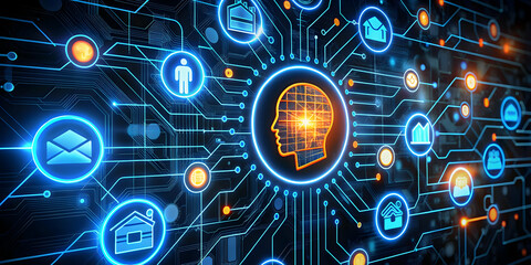 Obraz premium The Neural Network of Modern Life: A human head rendered in glowing lines, nestled within a complex web of digital icons and circuitry, symbolizing the interconnected nature of AI in today's world. 