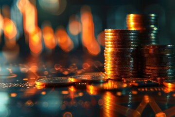 A stack of coins on a table with a blurry background