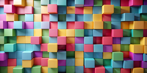 Abstract Colorful Cube Wall: A vibrant and dynamic composition of colorful cubes forming a textured wall, offering a playful and modern background for your design needs. 