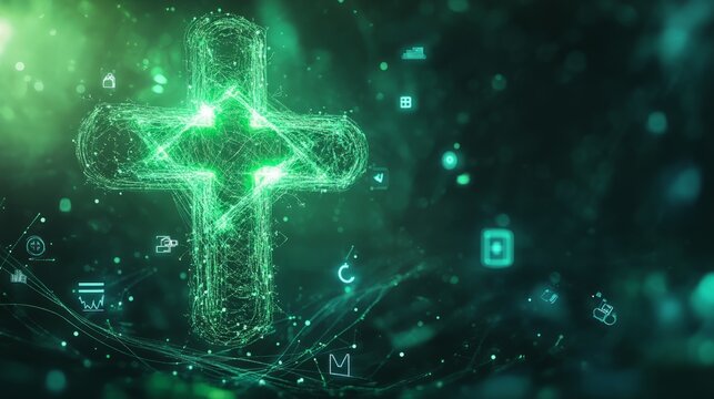 A glowing green cross made of abstract lines and dots against a dark background.