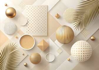 Golden Elegance: A sophisticated 3D render of golden palm leaves and spheres, exuding luxury and refinement on a minimalist backdrop. 