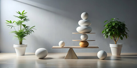 Balanced Zen: A Minimalist Still Life with a wooden seesaw supporting a delicate stack of white stones, evoking a sense of peace and tranquility. The soft light and simple composition create a serene 