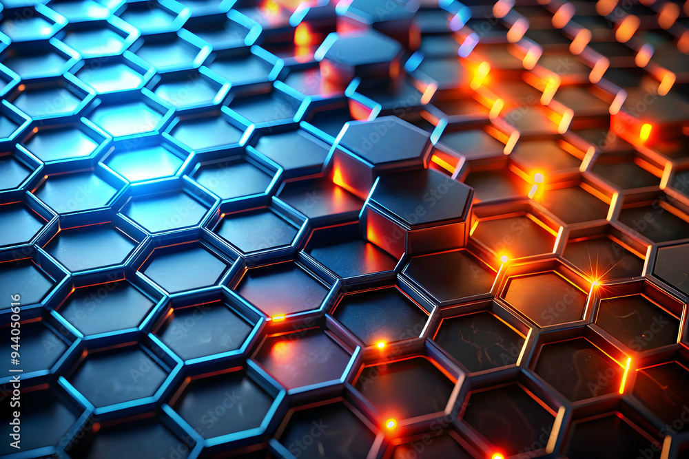 Poster abstract hexagon network: a mesmerizing 3d rendering of a hexagonal network with glowing blue and or