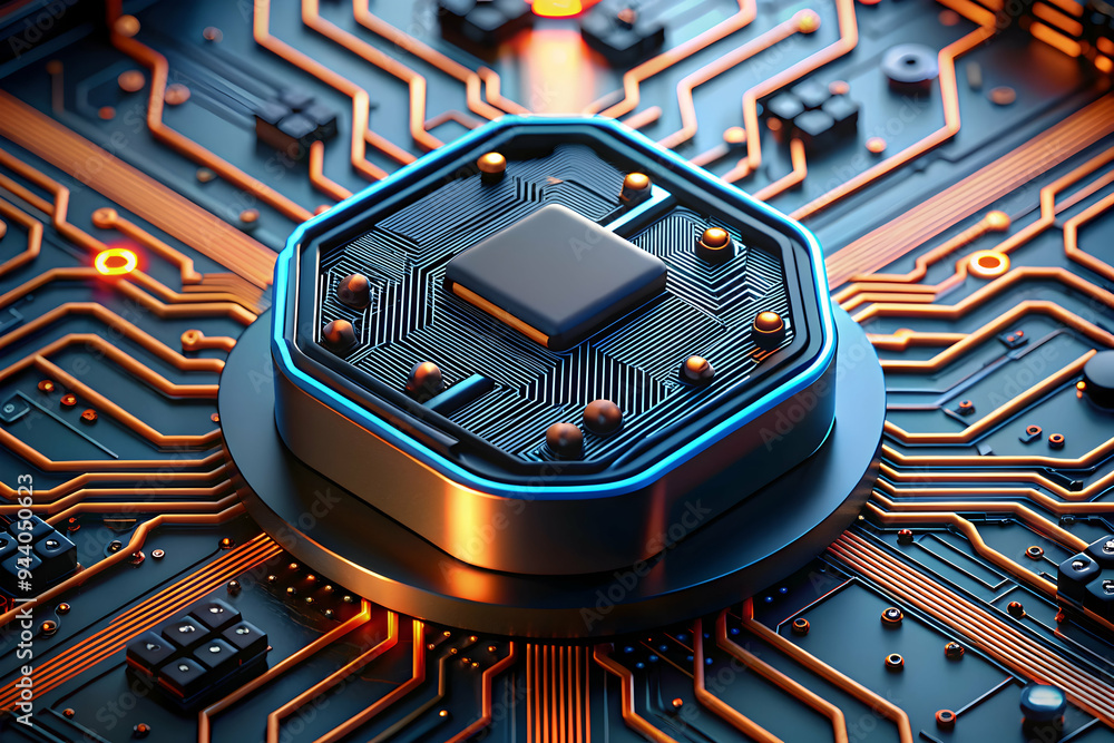 Poster Quantum Core: A futuristic CPU pulsates with raw processing power, illuminating a complex network of circuitry in a high-tech spectacle. 