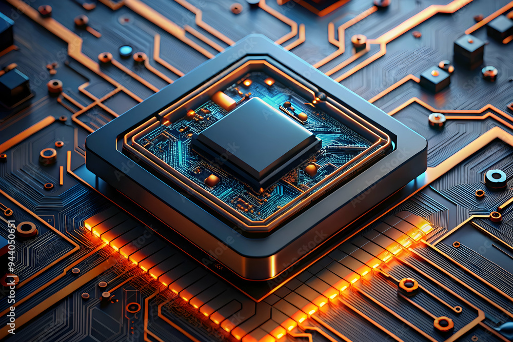 Poster quantum core: a futuristic cpu pulsates with raw processing power, illuminating a complex network of