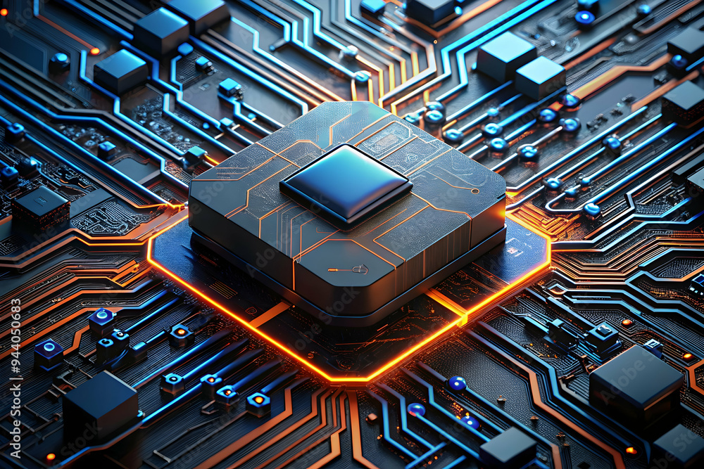 Poster Quantum Core: A futuristic CPU pulsates with raw processing power, illuminating a complex network of circuitry in a high-tech spectacle. 