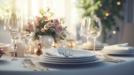 Fototapeta premium Luxurious fine dining table setting for special occasions, weddings, and romantic celebrations