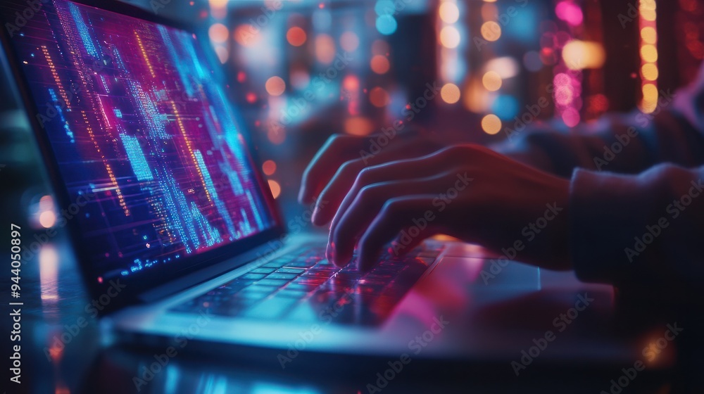 Poster man using laptop data analysis focusing on growing sales graph business data analytics concept busin