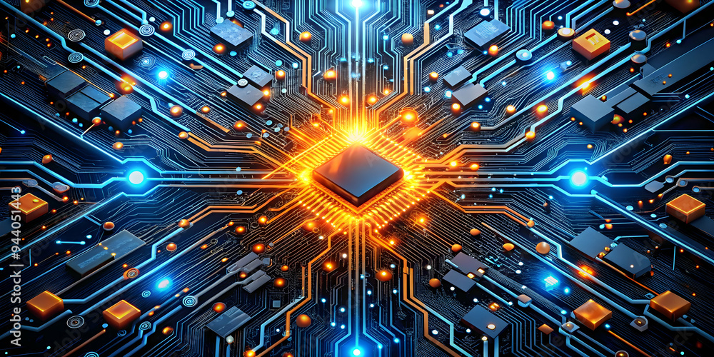 Poster the heart of innovation: a vibrant, close-up view of a glowing central processing unit (cpu) surroun