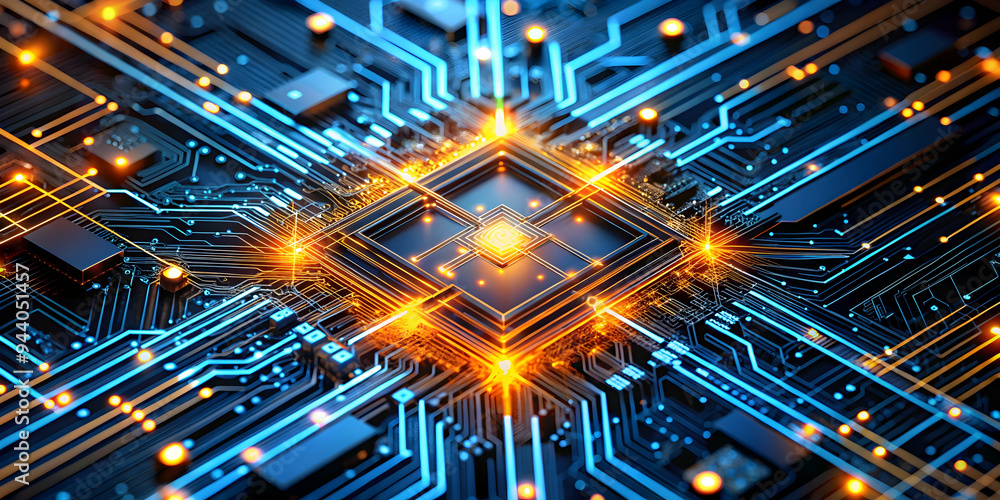 Poster the heart of innovation: a vibrant, close-up view of a glowing central processing unit (cpu) surroun
