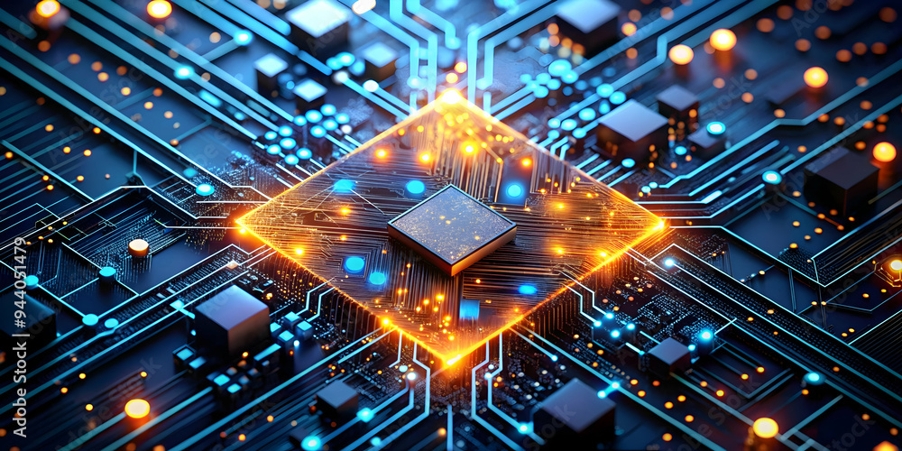 Poster the heart of innovation: a vibrant, close-up view of a glowing central processing unit (cpu) surroun