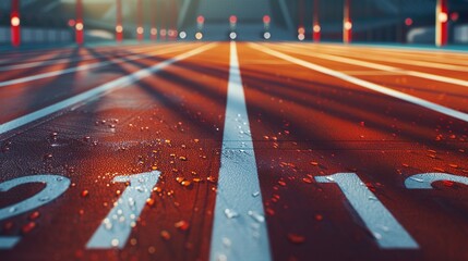 Numbers and Markers: A series of white lane numbers and distance markers evenly spaced along the perimeter of the track, indicating different starting points and lap counts.
