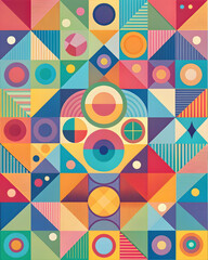 Fototapeta premium Abstract Geometric Pattern with Circles and Squares: A vibrant, modern design that captures the essence of abstract art. Circles and squares interweave in a colorful and dynamic composition