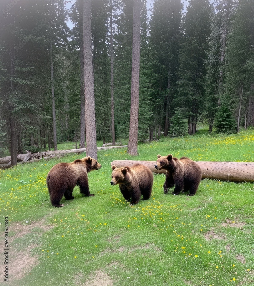 Poster three grizzly bears move gracefully through a lush green clearing, surrounded by fallen trees and pi
