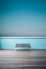 Serene Bench by the Sea:  A minimalist image capturing a wooden bench against a backdrop of calming turquoise waters and a blue sky, evoking a sense of tranquility and solitude. 