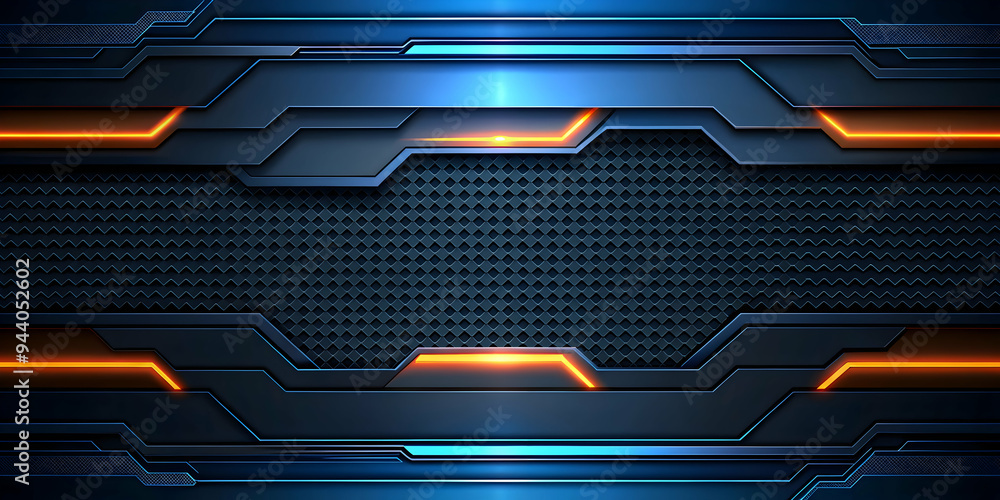 Poster cybernetic glow: a futuristic blue and orange abstract background with glowing lights and a honeycom