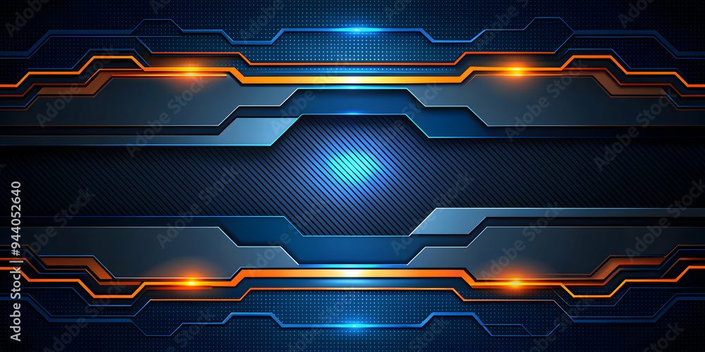 Poster cybernetic glow: a futuristic blue and orange abstract background with glowing lights and a honeycom