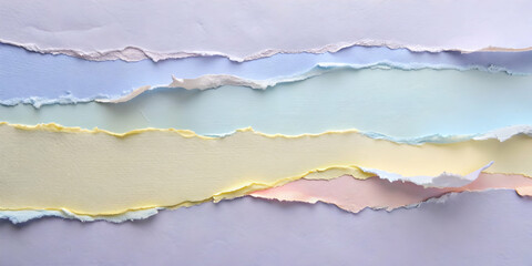 Naklejka premium Torn Paper Texture: Pastel Stripes: A captivating abstract background of ripped paper in pastel hues, showcasing a unique layered texture with a soft and delicate feel. 