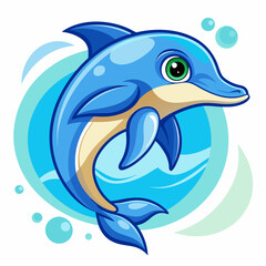 Fototapeta premium Cartoon Blue Dolphin Jumping in Water with Bubbles