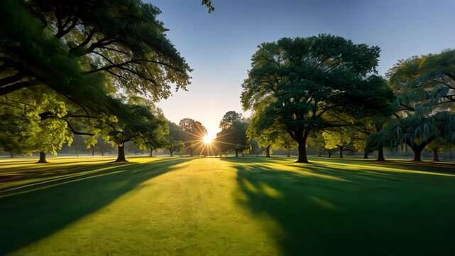 A serene sunrise illuminates a lush park with trees casting long shadows across the vibrant green grass
