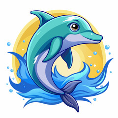 Fototapeta premium Cartoon Dolphin Leaping Through Blue Water Waves
