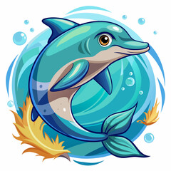 Obraz premium Cartoon Dolphin Leaping Out of Water with Bubbles and Algae
