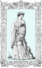 Fototapeta premium frame with japanese lady in kimono vintage illustration