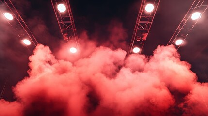 Concert stage with intense spotlights, light flares and smoke effects, high-energy rock concert vibe, vivid contrasts