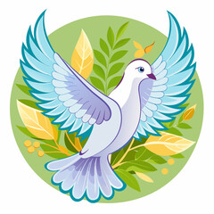 Fototapeta premium White Dove of Peace with Outstretched Wings Surrounded by Green Foliage and Yellow Leaves
