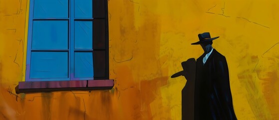 Mysterious Figure by the Blue Window on Vibrant Yellow Wall. Generative AI