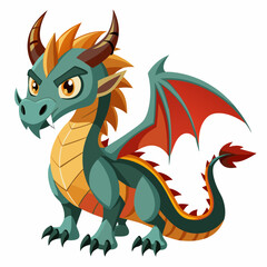 Naklejka premium Cartoon Green Dragon with Red Wings and Orange Spikes