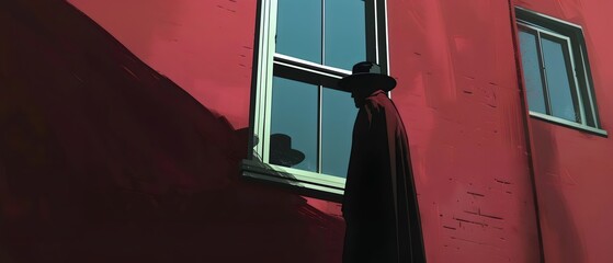 Silhouette Behind a Red Wall Window. Generative AI