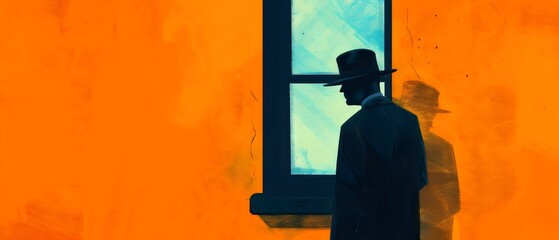 Mysterious Silhouette of a Man in Hat by a Window on Vibrant Orange Background. Generative AI
