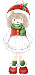 A girl wears a red and white dress and a red hat for Christmas.