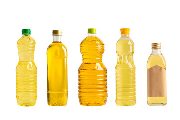 Vegetable oil with olive oil in different bottle for cooking isolated on white background.