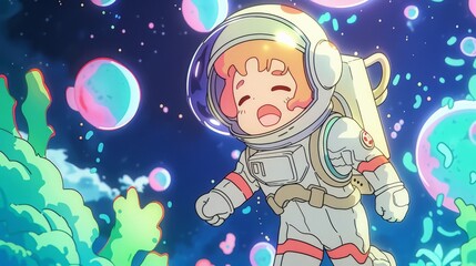 Fototapeta premium A cheerful astronaut explores a vibrant, otherworldly underwater landscape filled with colorful bubbles and lively corals.