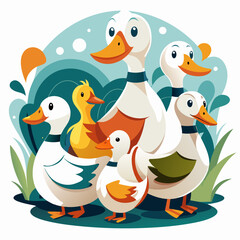 Fototapeta premium A Family of Ducks Standing in a Lush Meadow