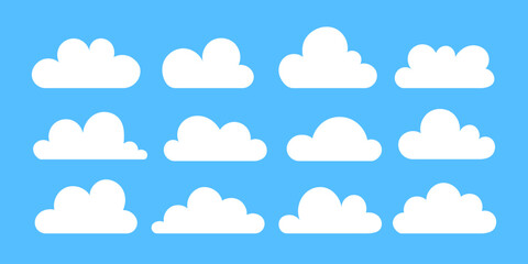 Set of cartoon white clouds illustrations in flat design style. View of clouds on blue sky