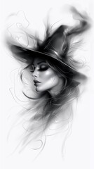 Fototapeta premium The artwork features a captivating witch with flowing hair adorned in a whimsical hat, captured in intricate monochrome details. Her serene expression suggests a magical aura