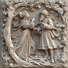 3D bas-relief, fairy-tale characters in vanilla and beige tones. Resource, sketch, template for creativity, creative interior decor, exterior facade decor, exhibition pavilion, gallery. Illustration, 
