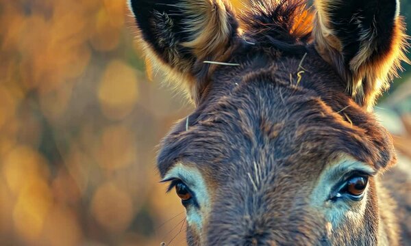 A close-up portrait of a donkey's calm gaze, set against an autumnal background