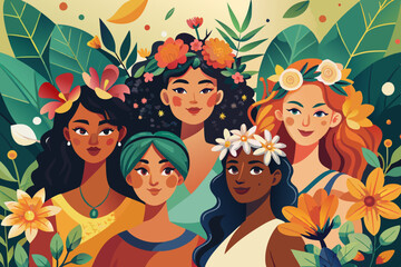 Group of women with flowers in their hair standing close together in solidarity